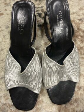Gucci Silver Ruched Slingback Heels